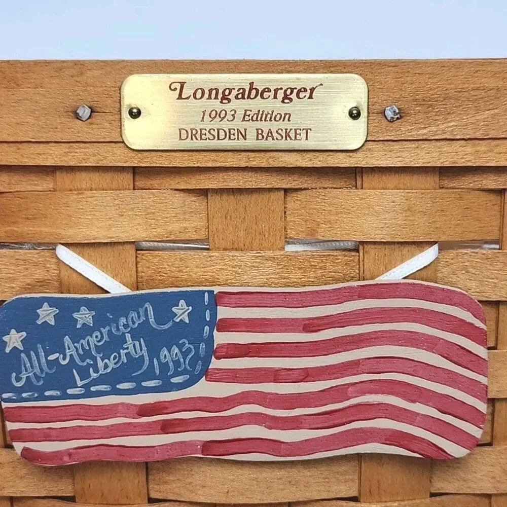 Longaberger Basket Dresden 1993 Edition w/Protector Flag Charm Woven Collectible